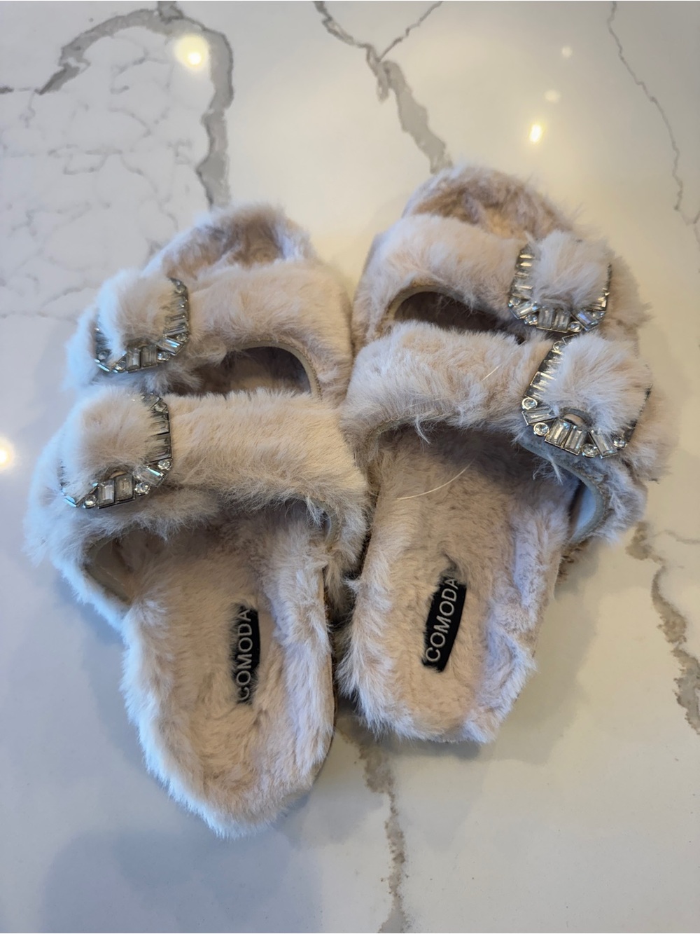NWT Comoda Plush Faux Fur Slide Sandals with Jeweled Buckles in Light Beige